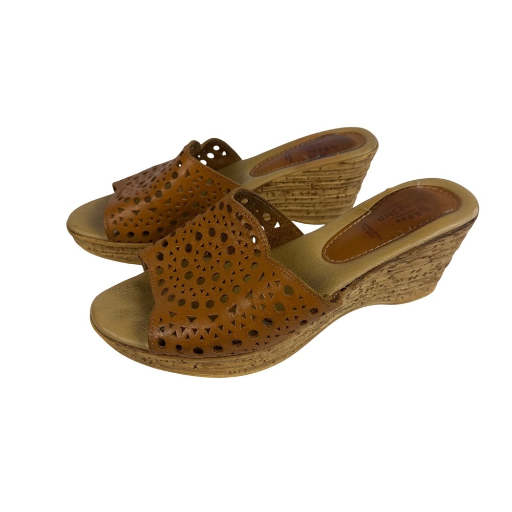 Spring Step Tan Leather Laser Cut Wedge Sandals Made in Italy Womens 39 8.5